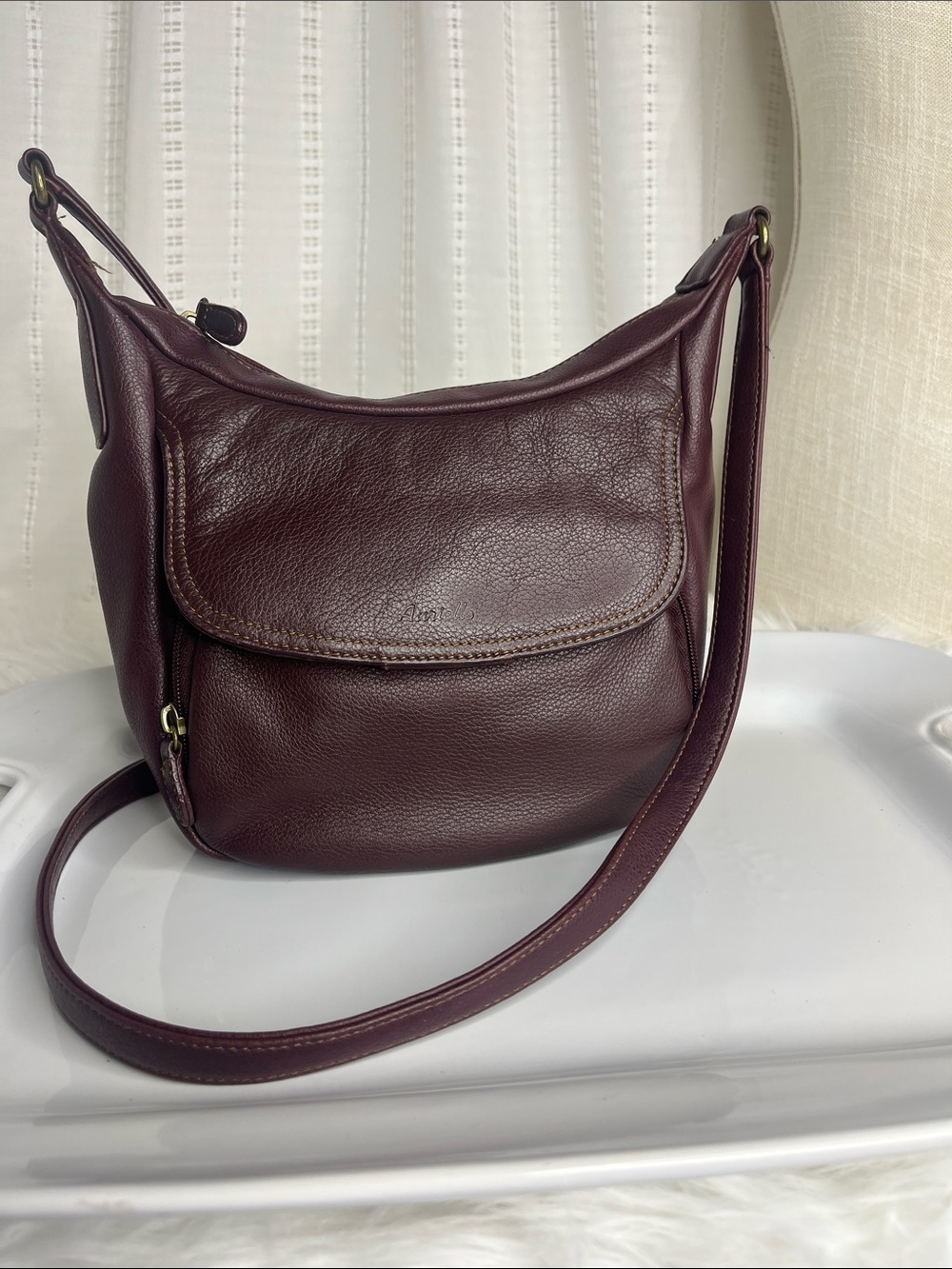 Aurielle Pebbled Leather Shoulder Bag in Brown Burgundy